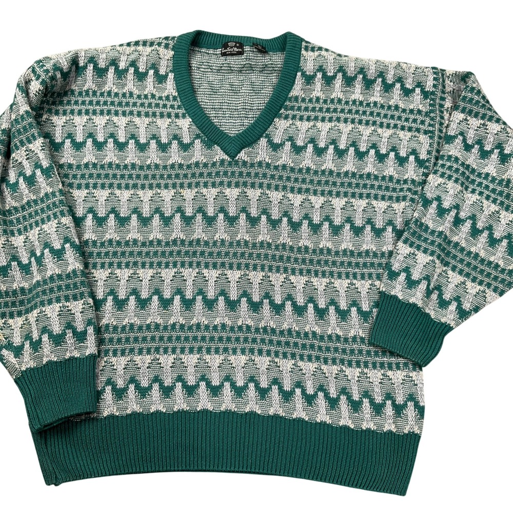 Countess Mara Sweater Men Large Green Gray Chevron Stripe Cotton Knit 80s VTG